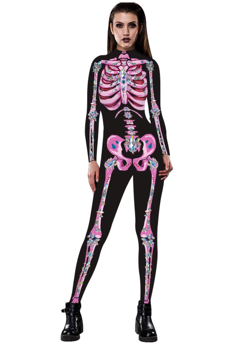 URVIP Women Halloween Skeleton Costume Stretch Skinny Catsuit Jumpsuit Bodysuit Color-BAX-084 L - Image 1